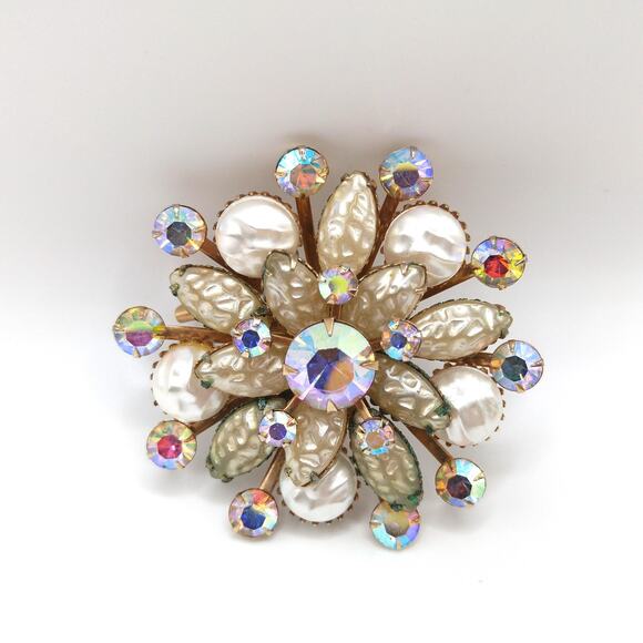 Vintage Lava Iridescent Glass Brooch, Aurora Borealis Rhinestones, 1950s